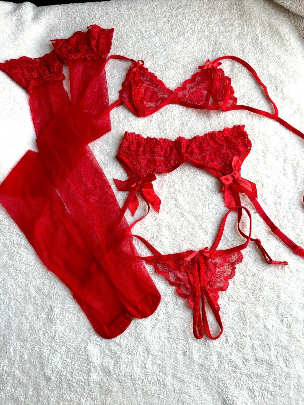 Red Lace 4-Piece Lingerie Set with Stockings